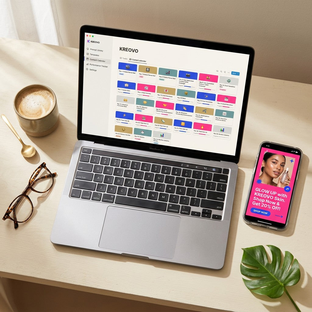 The Kreovo hub open on a laptop: prompt library, templates and a 30-day content calendar, with an ad on the phone